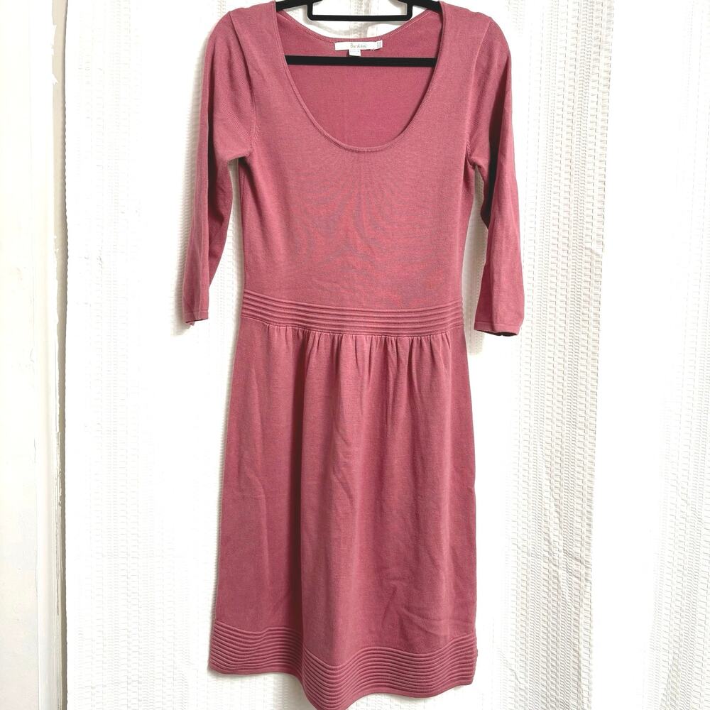 BODEN Rose Pink Knit Fit & Flare Midi Dress Sz 8 Tall 3/4 Sleeve Scoop Neck EUC
